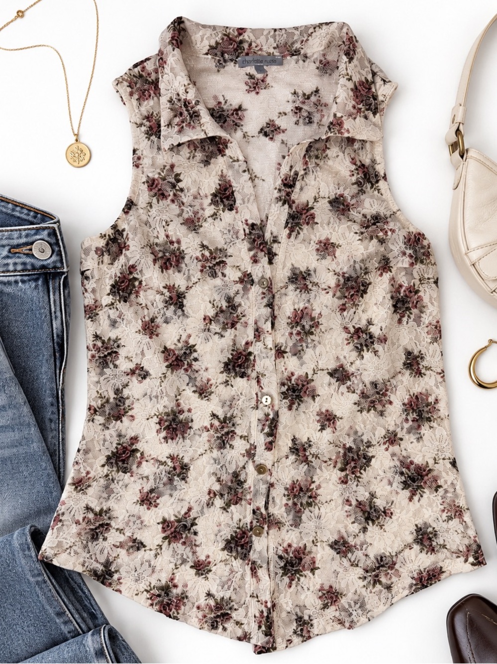 Charlotte Russe Floral Lace Sleeveless Button Front Blouse Size S